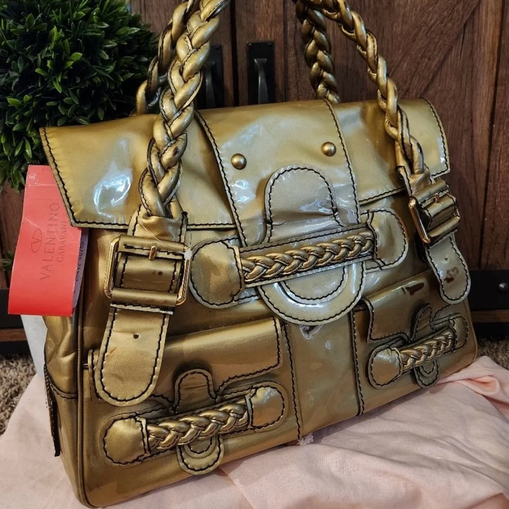 🟠NWT VALENTINO GARAVANI Histoire Braided Handle Patent Leather Satchel in Gold